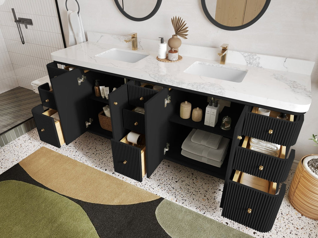 Miami 84 in. W x 22 in. D Double Sink Bathroom Vanity in Black with Countertop - Side View Open Drawer