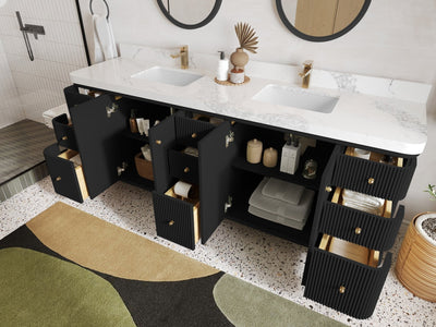 Miami 84 in. W x 22 in. D Double Sink Bathroom Vanity in Black with Countertop - Side View Open Drawer