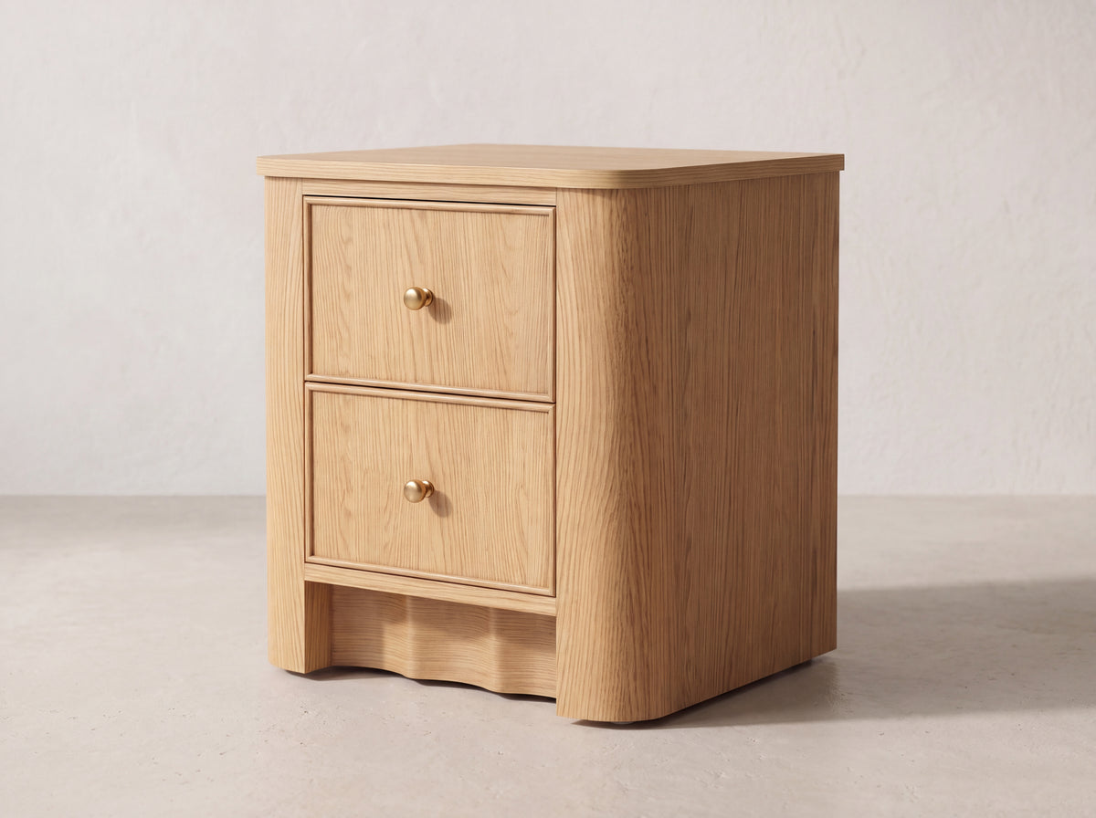 Orlando 20-Inch Nightstand in Nordic White Oak — Closed drawers, right-side studio view. Render for selection.