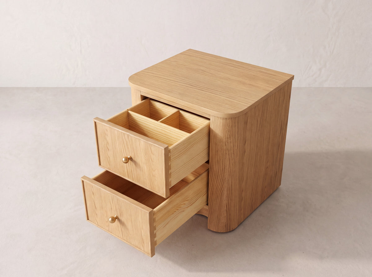Orlando 20-Inch Nightstand in Nordic White Oak — Open drawers and top drawer organizer, elevated studio view. Render for selection.