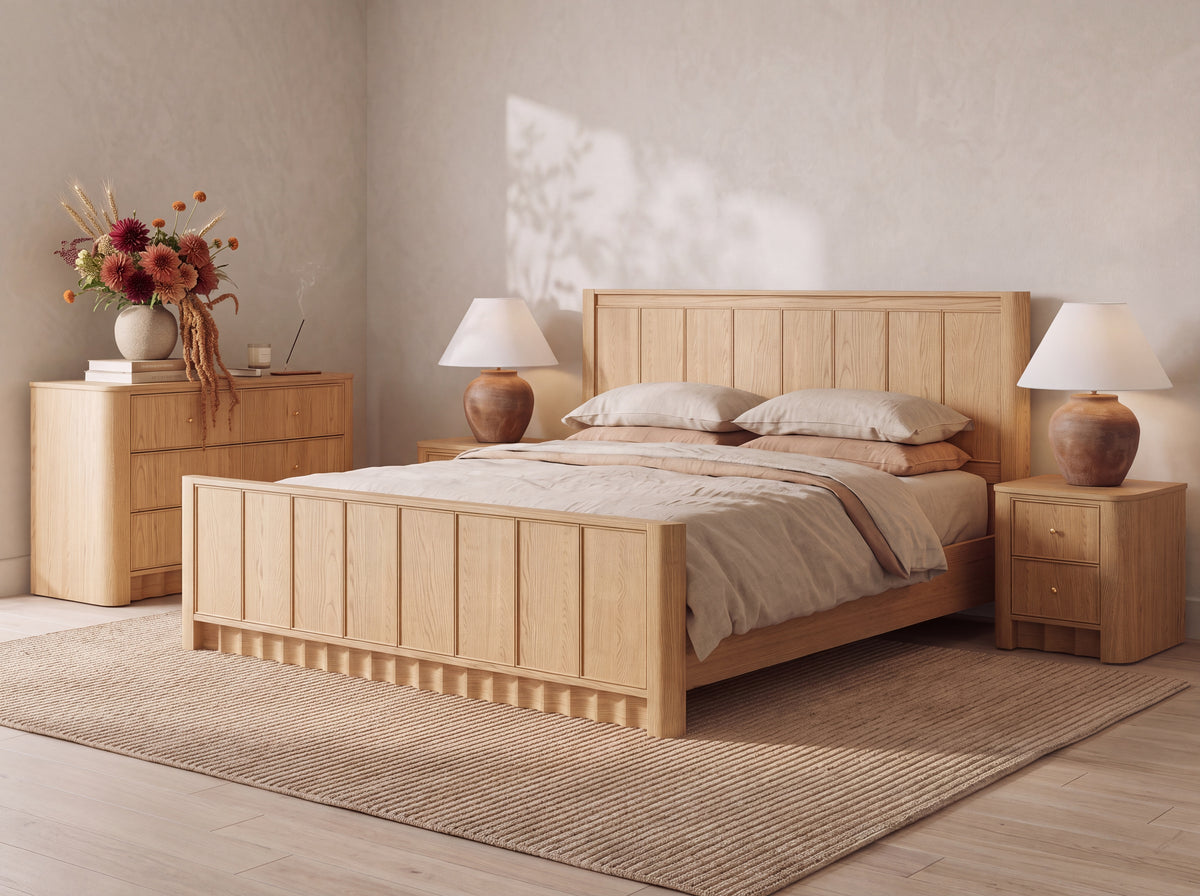 Orlando Panel Bed in Nordic White Oak — bedroom setting
