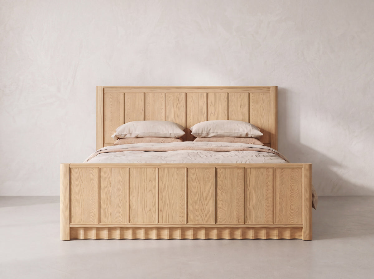 Orlando Panel Bed in Nordic White Oak — front view on white background
