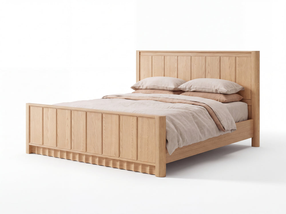 Orlando Panel Bed in Nordic White Oak — three-quarter view on white background