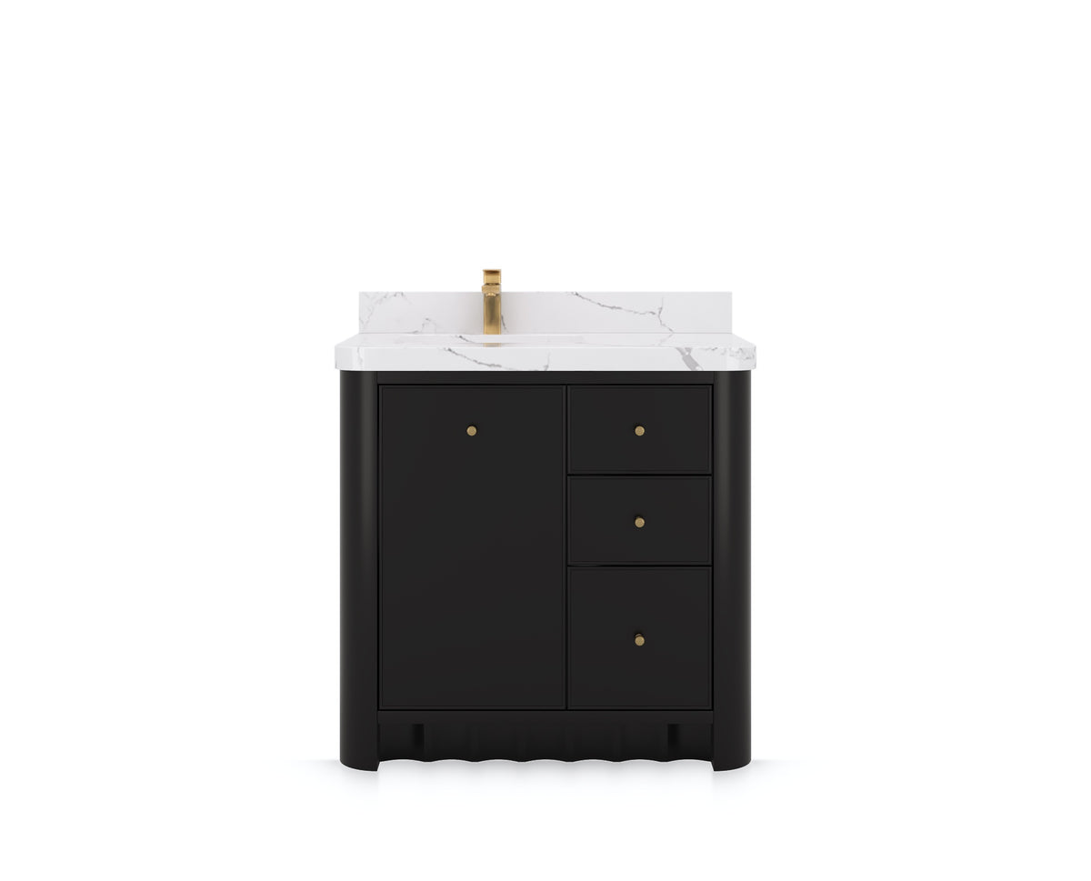 Orlando 36 in. left offset sink bathroom vanity in Black, front view on a white background