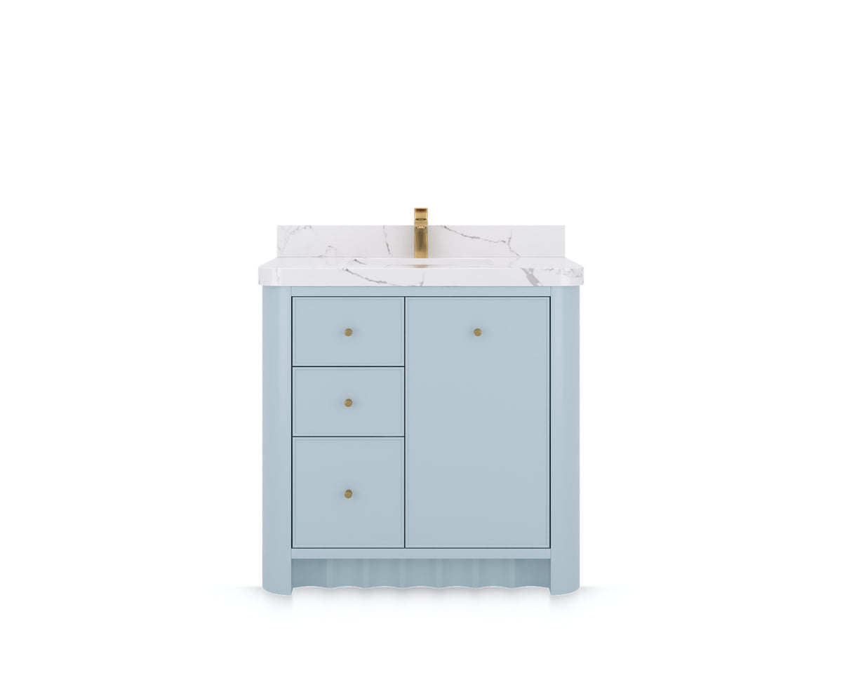Orlando 36 in. center sink bathroom vanity in Blue Heather, front view on a white background