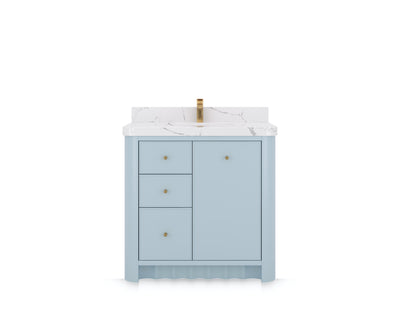 Orlando 36 in. center sink bathroom vanity in Blue Heather, front view on a white background