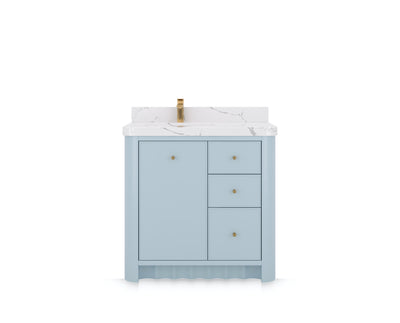 Orlando 36 in. left offset sink bathroom vanity in Blue Heather, front view on a white background