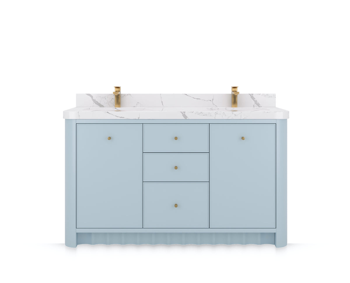 Orlando 60 in. double sink bathroom vanity in Blue Heather, front view on a white background