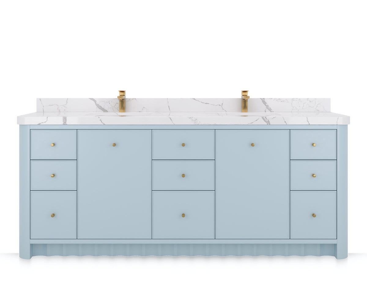 Orlando 84 in. double sink bathroom vanity in Blue Heather, front view on a white background