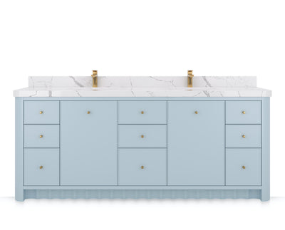 Orlando 84 in. double sink bathroom vanity in Blue Heather, front view on a white background