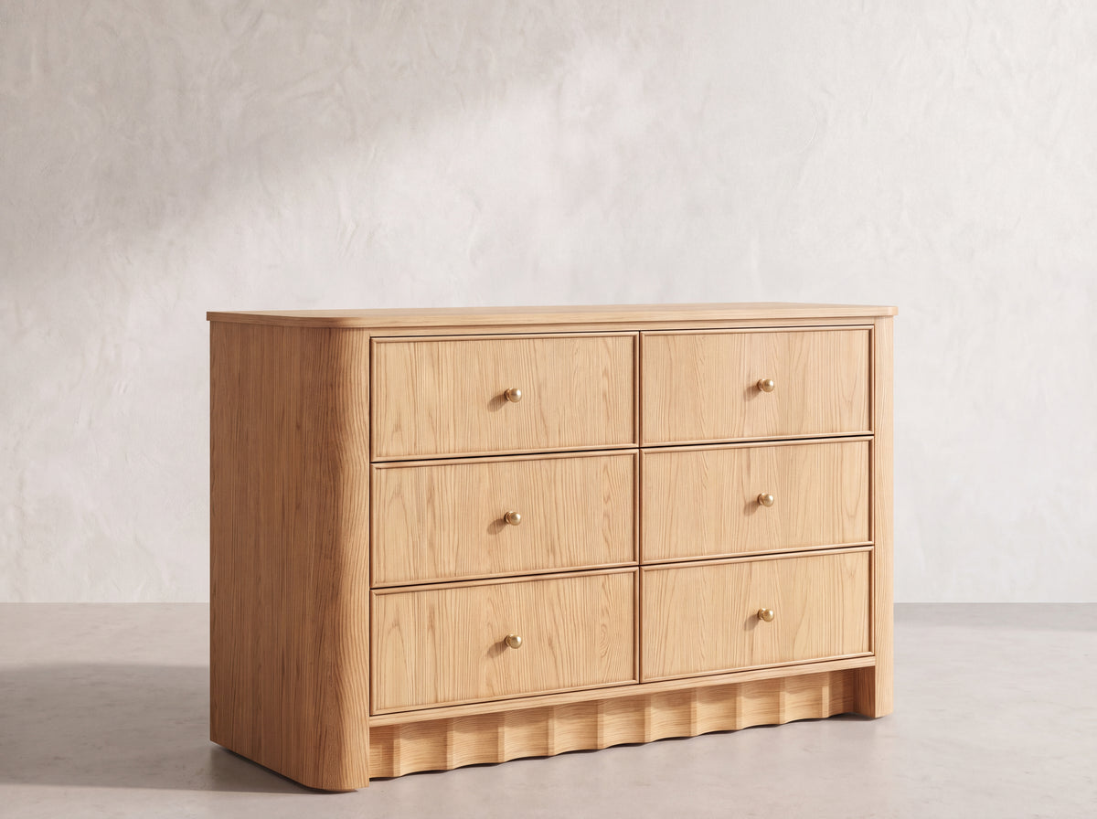 Orlando 50-inch six-drawer dresser in Nordic White Oak, studio render