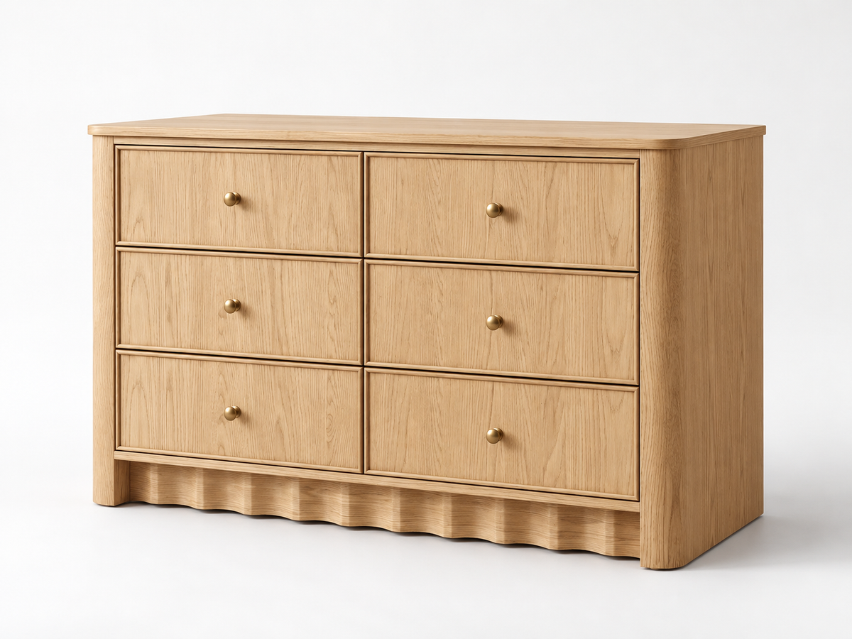Orlando 50-inch six-drawer dresser in Nordic White Oak, opposite-angle white studio view