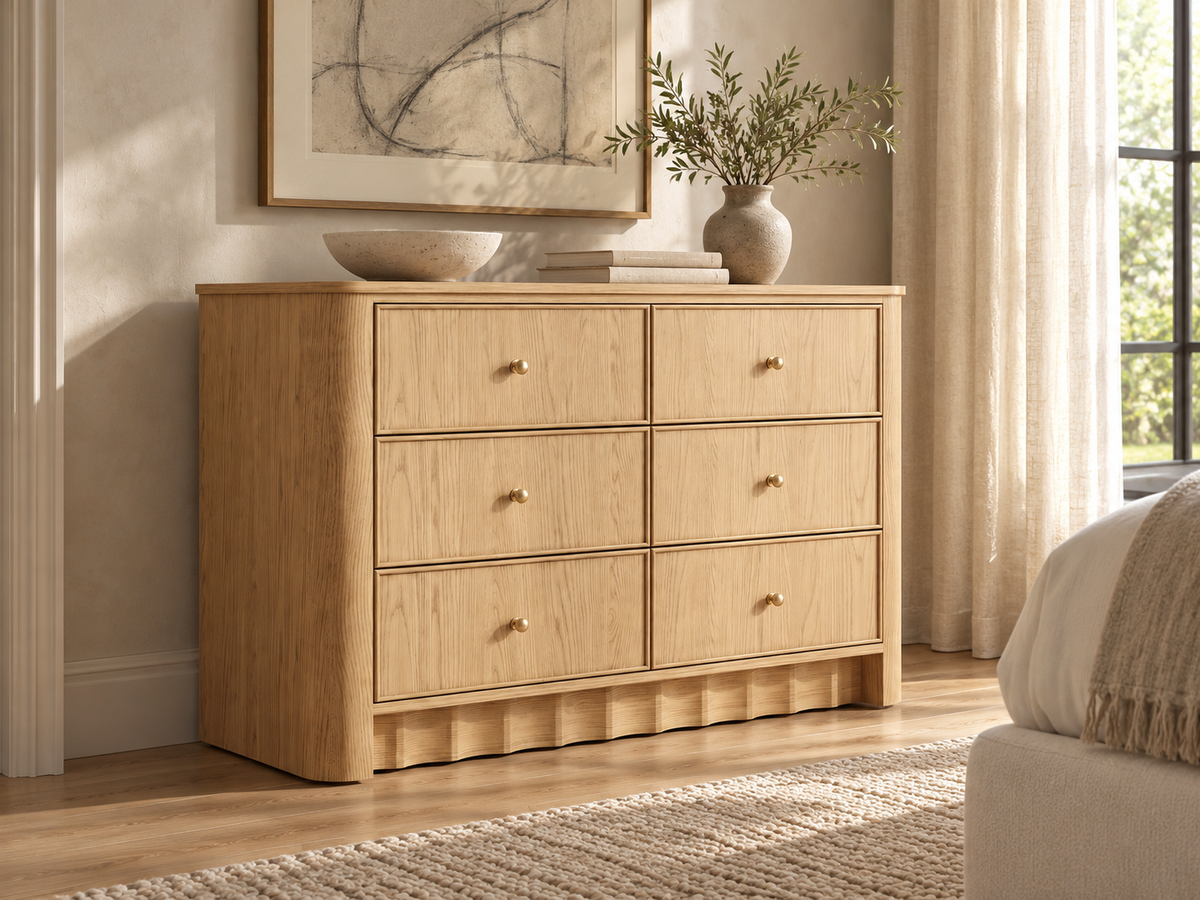 Orlando 50-inch dresser in Nordic White Oak, styled limewash bedroom