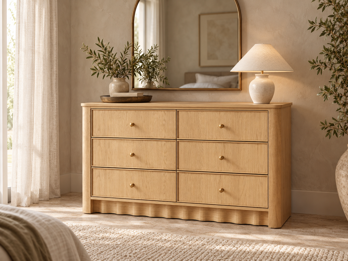 Orlando 50-inch dresser in Nordic White Oak, bedroom dressing nook