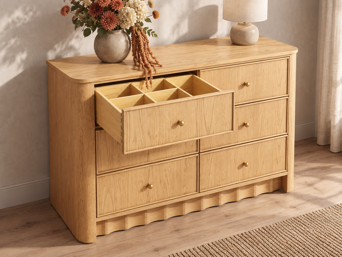 Orlando 50-inch dresser with upper drawer open showing divided organizer