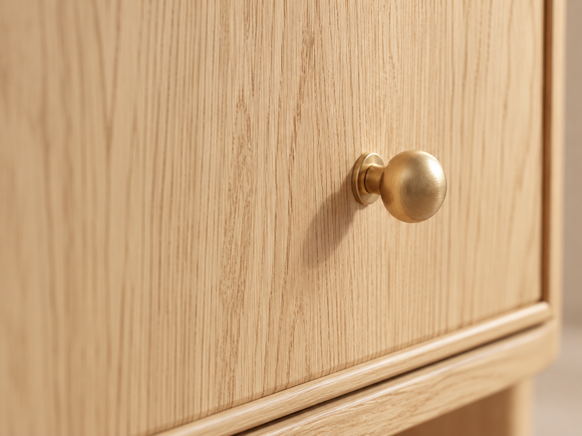 Orlando dresser original round brass knob and Nordic White Oak grain detail