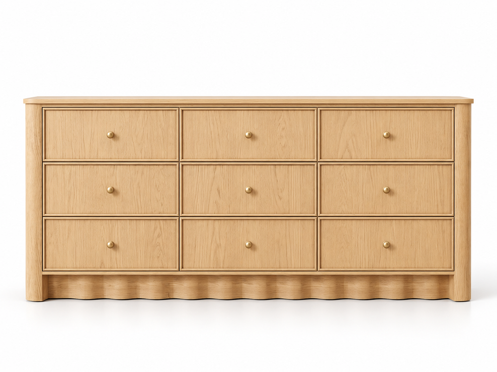 Orlando 72-inch nine-drawer dresser in Nordic White Oak — white front