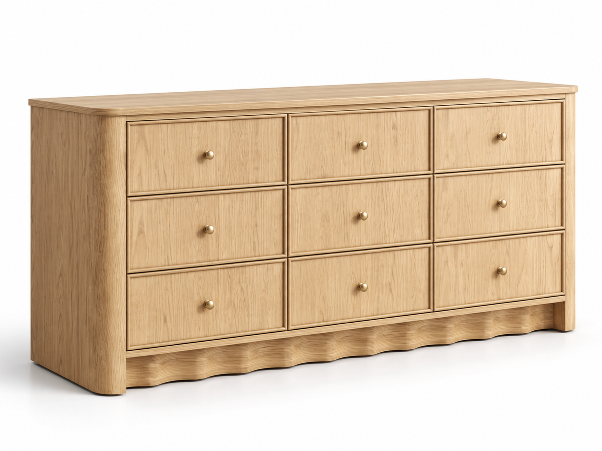 Orlando 72-inch nine-drawer dresser in Nordic White Oak — white left