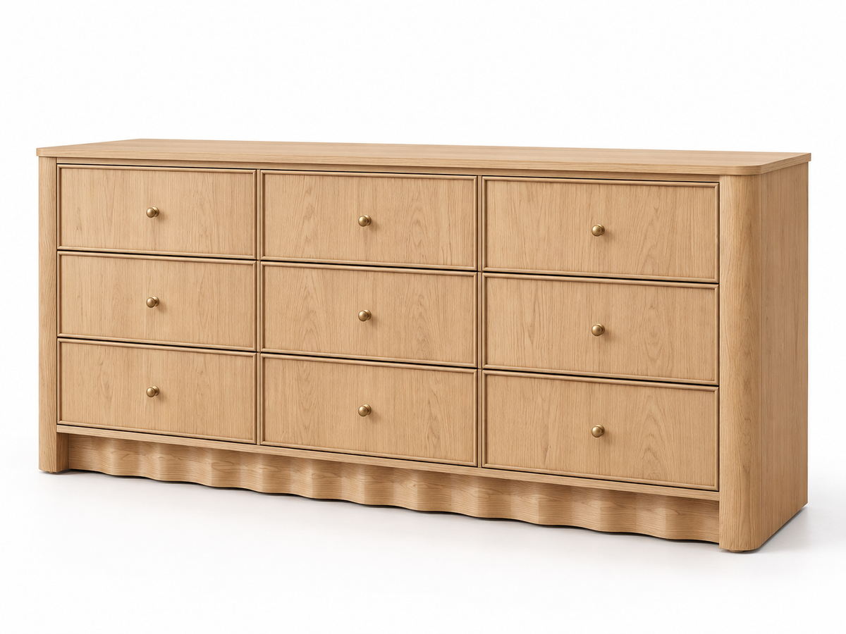 Orlando 72-inch nine-drawer dresser in Nordic White Oak — white right