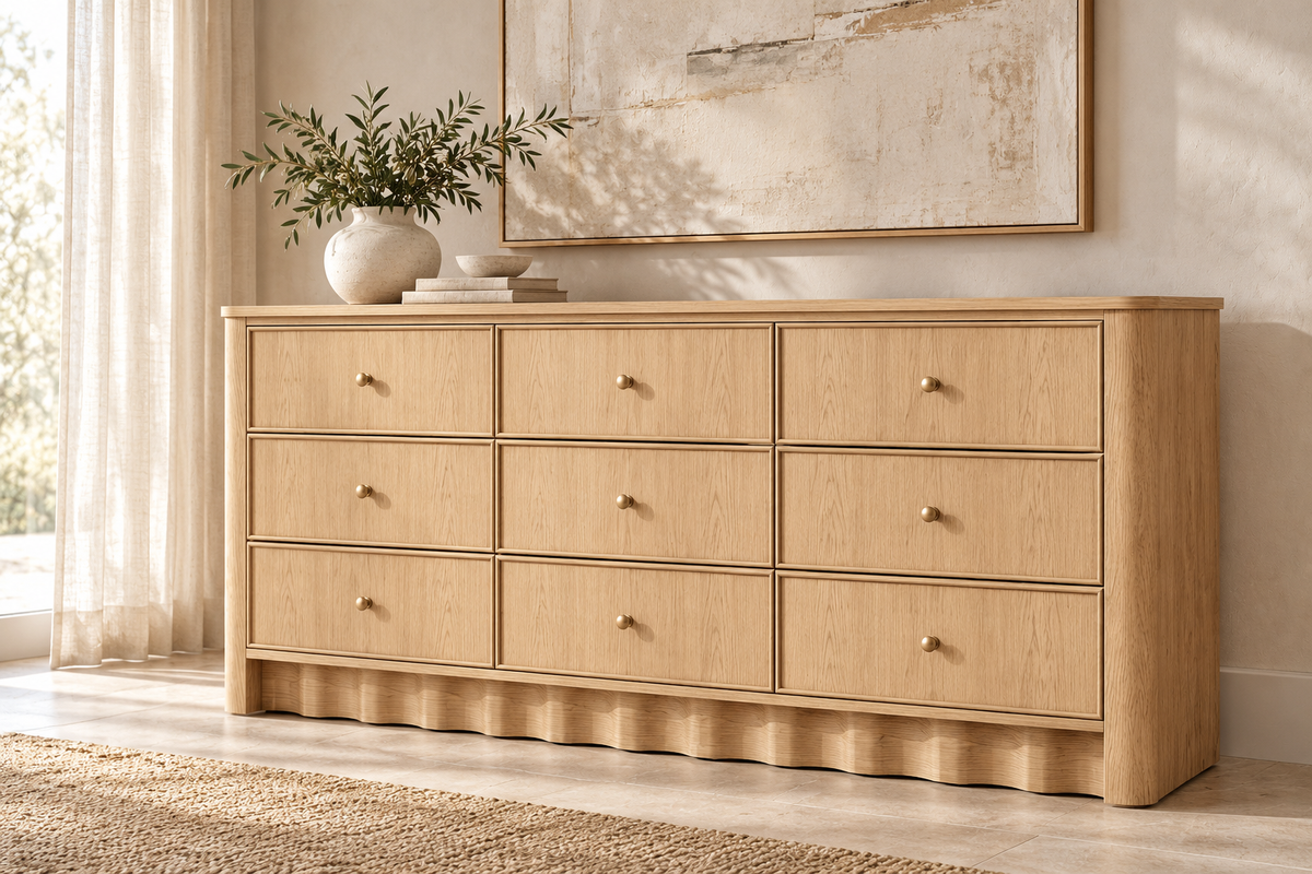 Orlando 72-inch nine-drawer dresser in Nordic White Oak — limewash