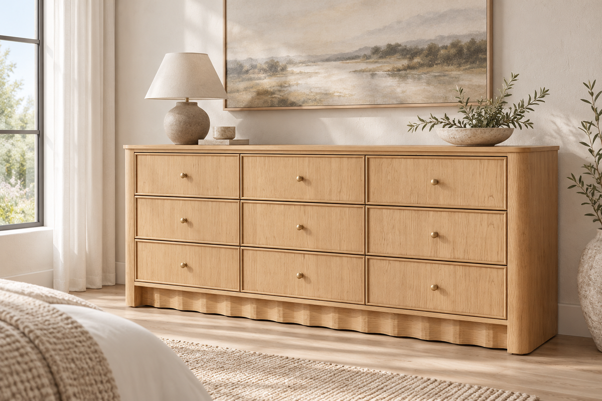 Orlando 72-inch nine-drawer dresser in Nordic White Oak — white architecture