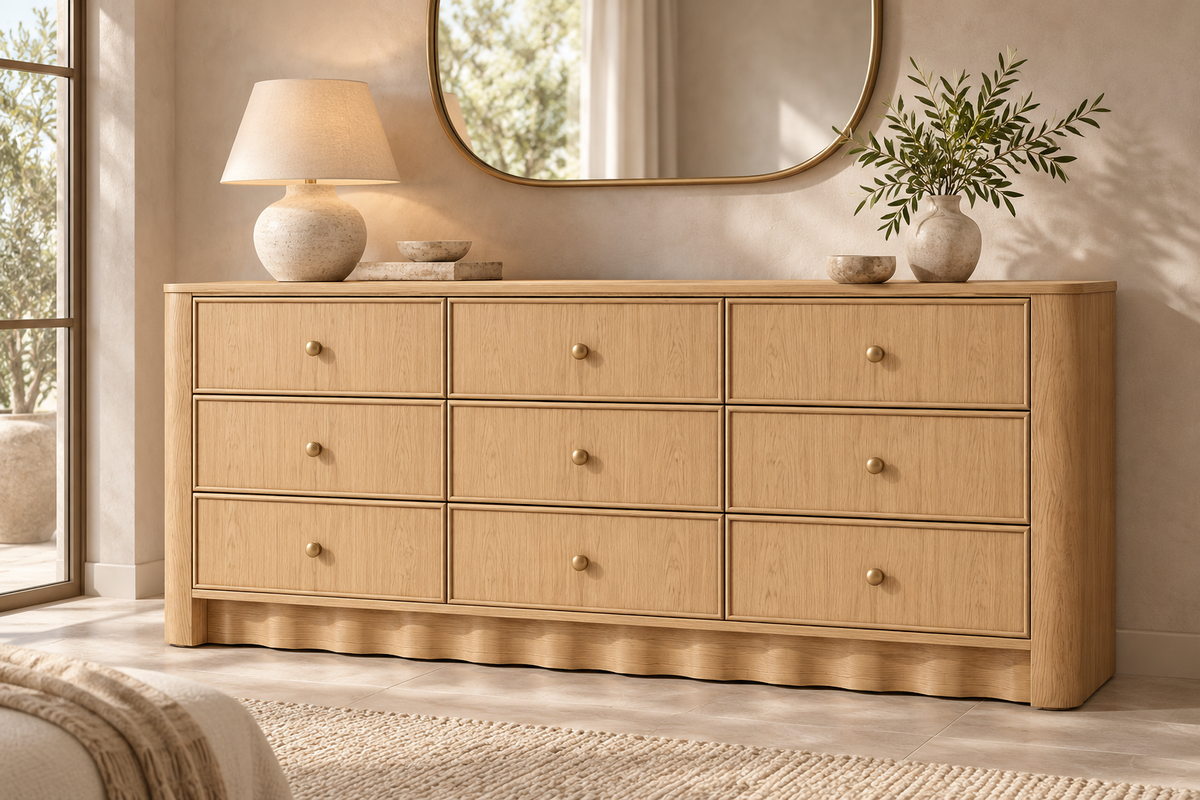 Orlando 72-inch nine-drawer dresser in Nordic White Oak — stone suite