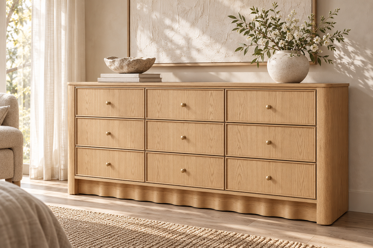 Orlando 72-inch nine-drawer dresser in Nordic White Oak — natural interior