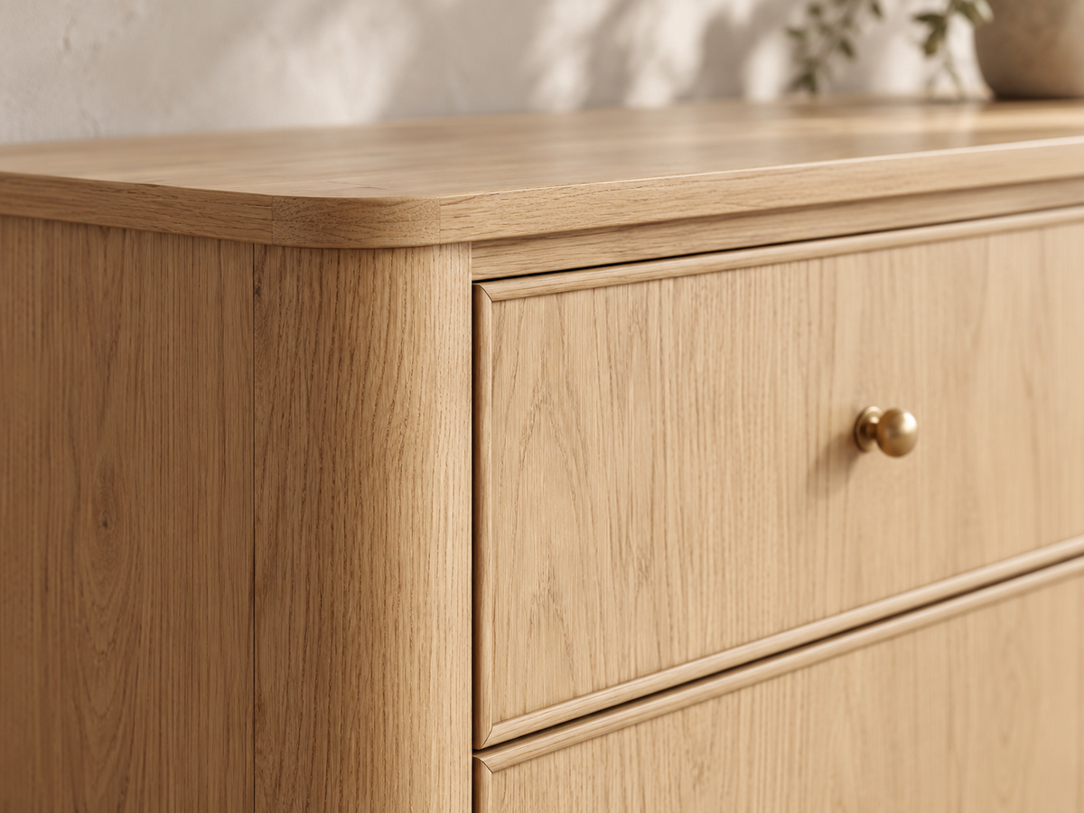 Orlando 72-inch nine-drawer dresser in Nordic White Oak — macro rounded corner