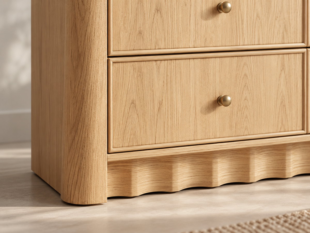 Orlando 72-inch nine-drawer dresser in Nordic White Oak — macro wave base
