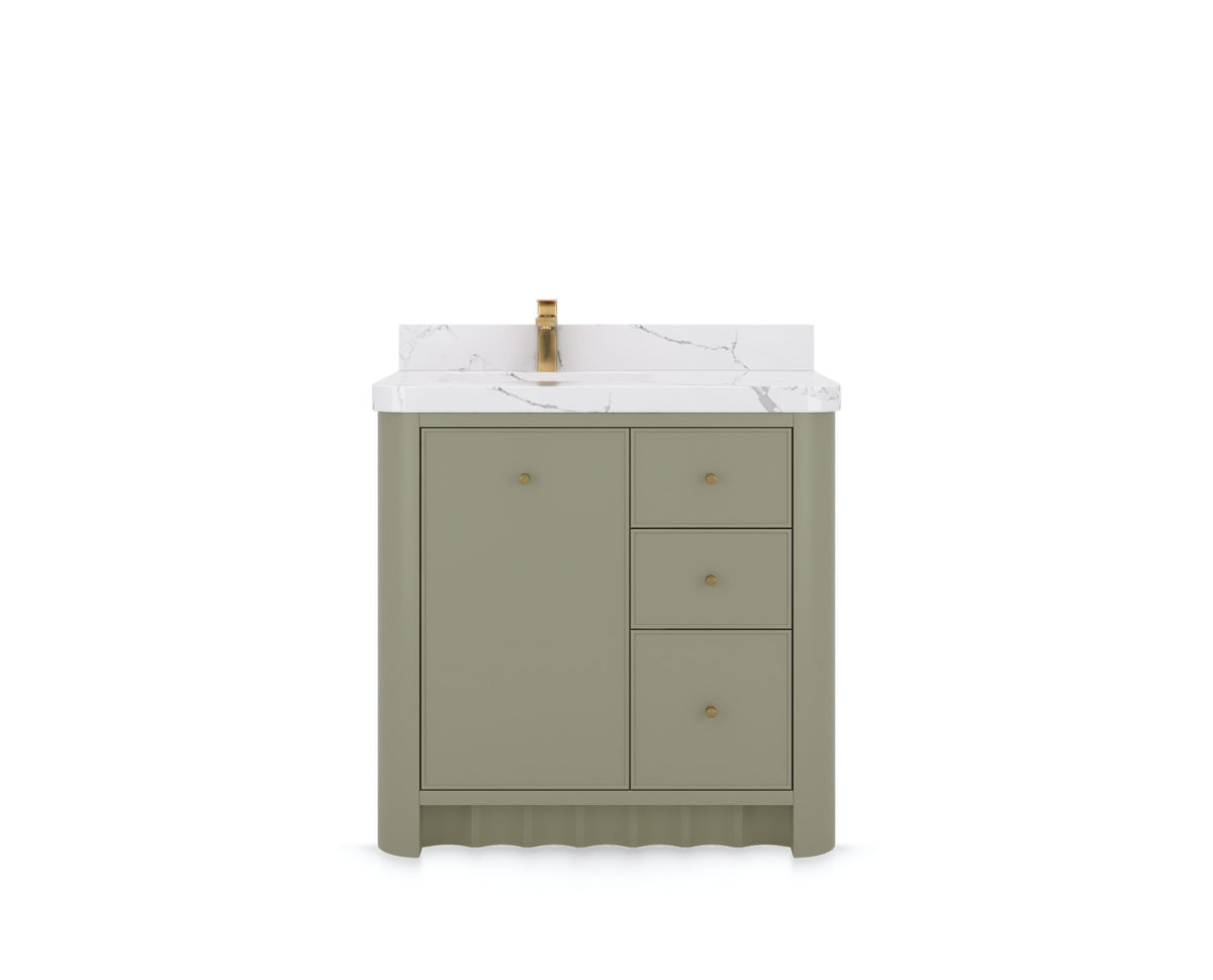 Orlando 36 in. left offset sink bathroom vanity in Evergreen, front view on a white background