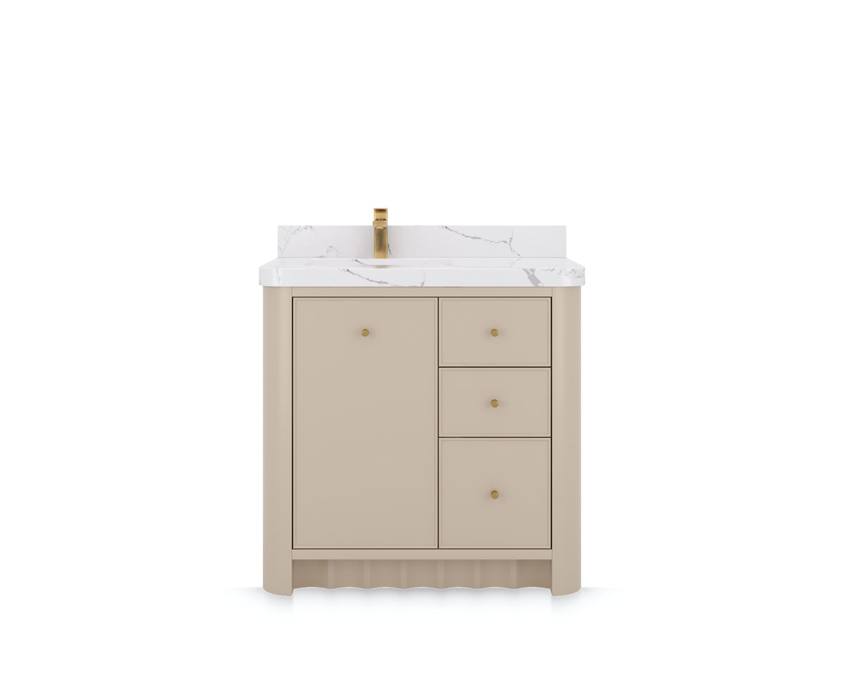 Orlando 36 in. left offset sink bathroom vanity in Fine Grain Linen Beige, front view on a white background