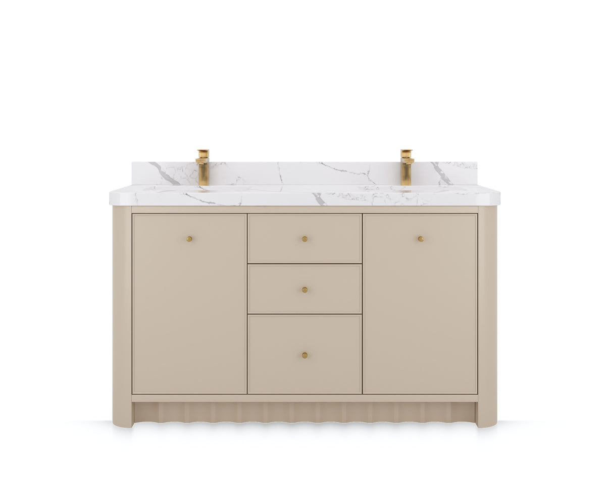 Orlando 60 in. double sink bathroom vanity in Fine Grain Linen Beige, front view on a white background