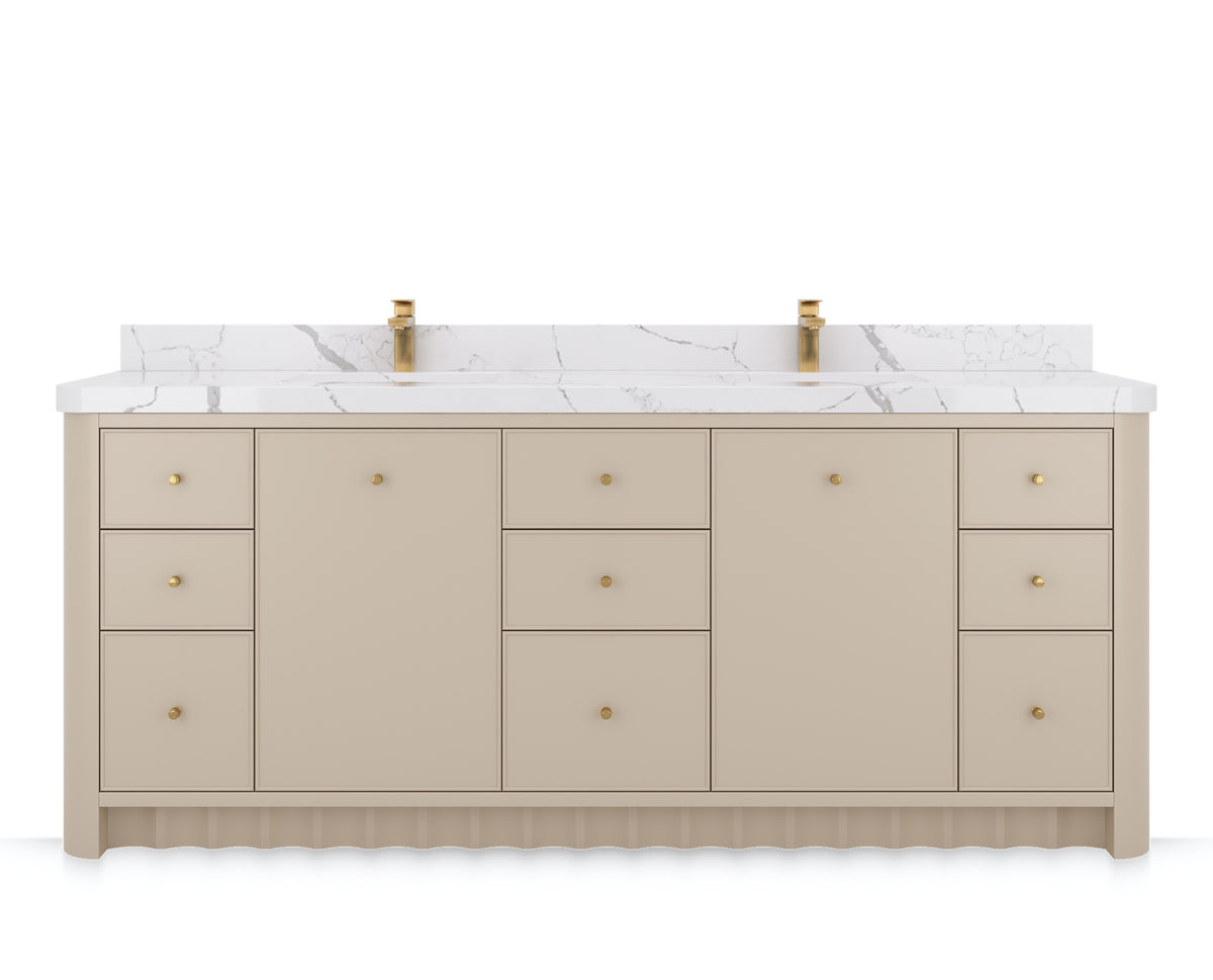 Orlando 84 in. double sink bathroom vanity in Fine Grain Linen Beige, front view on a white background