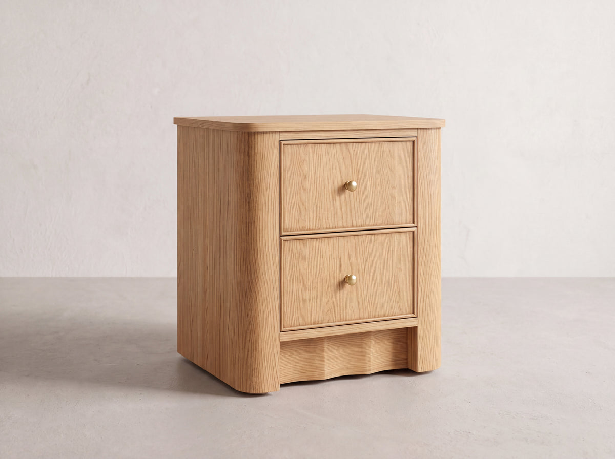 Orlando two-drawer nightstand in Nordic White Oak, studio render