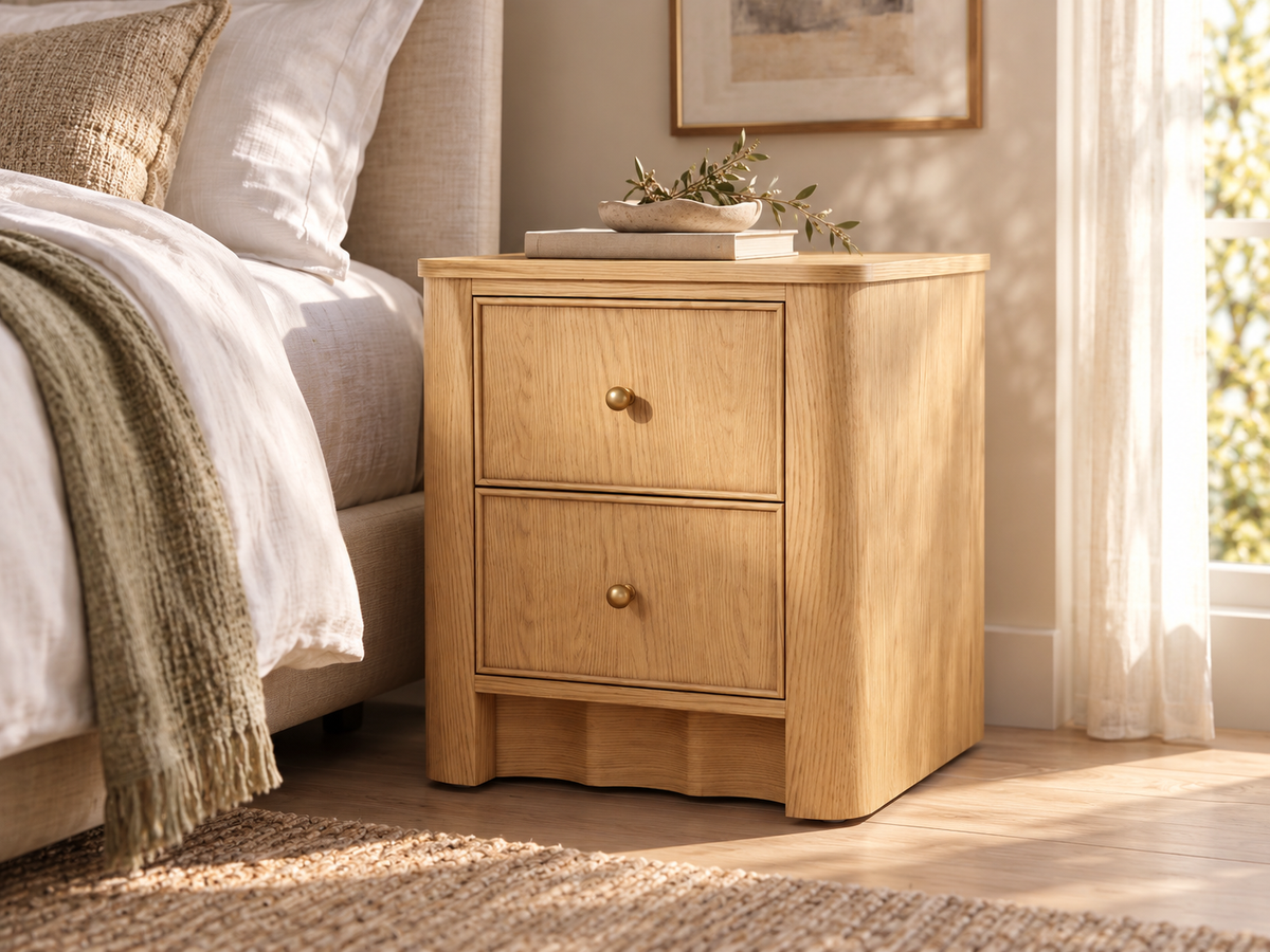 Orlando Nordic White Oak 20-inch two-drawer nightstand. Bedroom vignette near a window; accompanying furniture sold separately.
