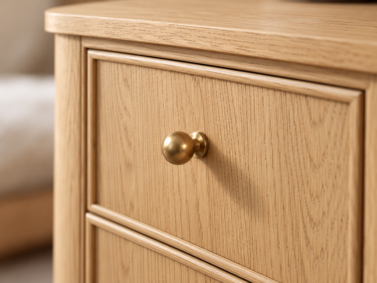 Orlando Nordic White Oak 20-inch two-drawer nightstand. Detail of the round brass knob and oak drawer front.
