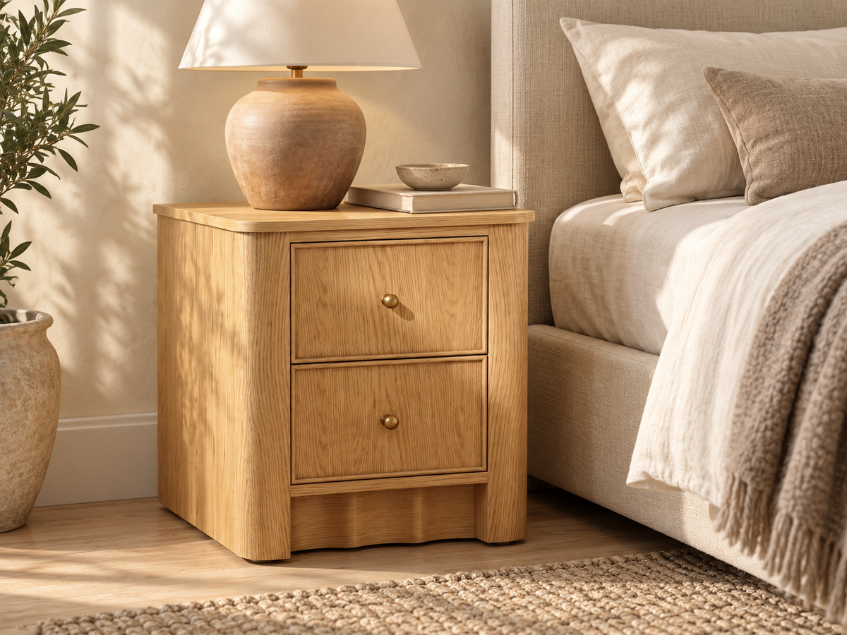 Orlando Nordic White Oak 20-inch two-drawer nightstand. Bedside interior against a limewash wall; accompanying furniture sold separately.
