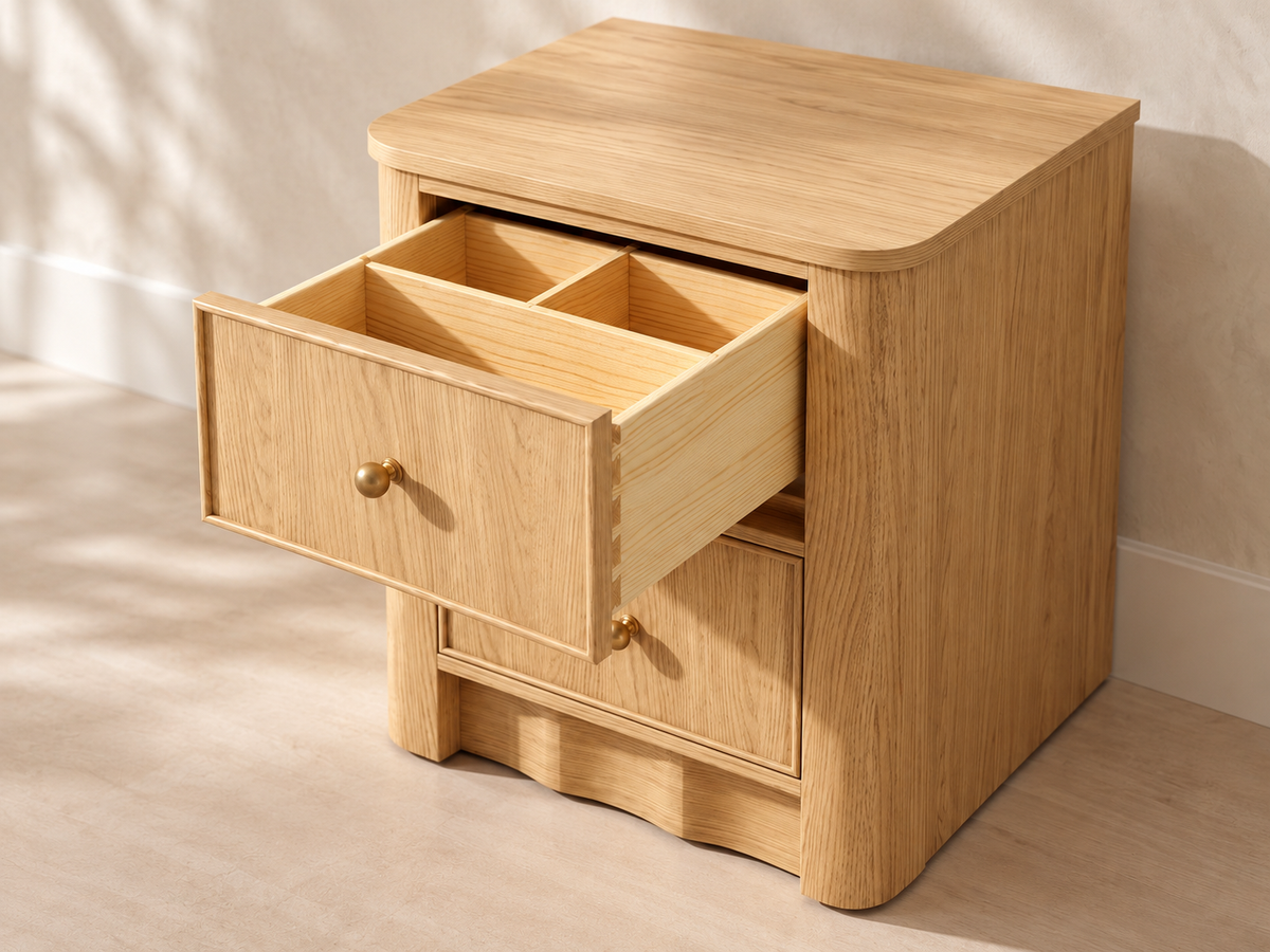 Orlando Nordic White Oak 20-inch two-drawer nightstand. Open upper drawer showing the three-compartment organizer.
