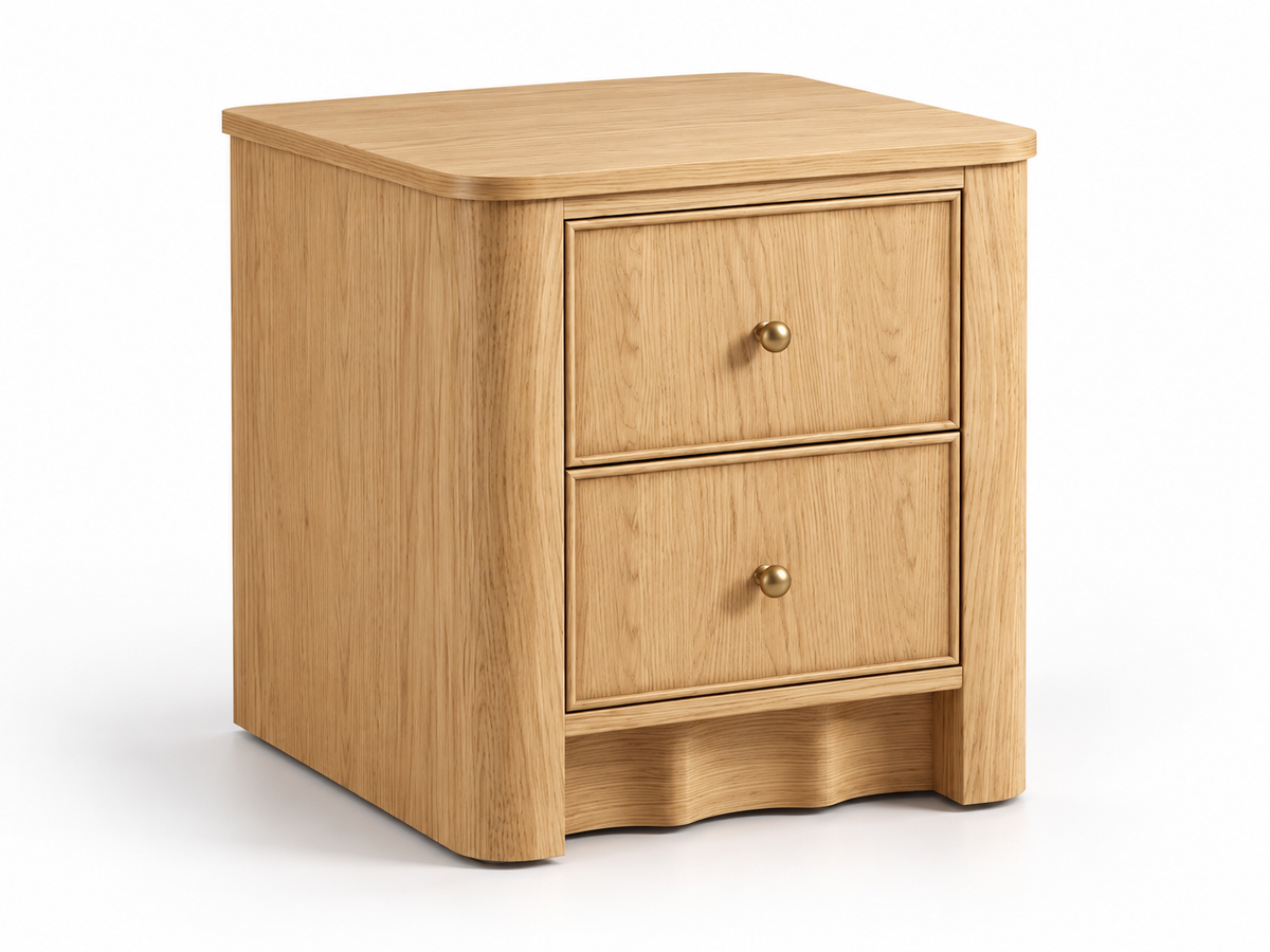 Orlando Nordic White Oak 20-inch two-drawer nightstand. White studio view from the left.