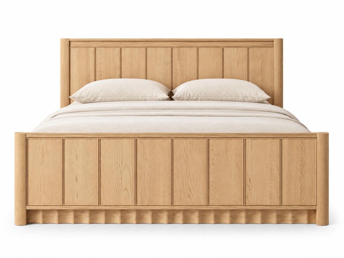 Rendered Orlando Panel Bed in Nordic White Oak — white front. Bedding shown for styling.