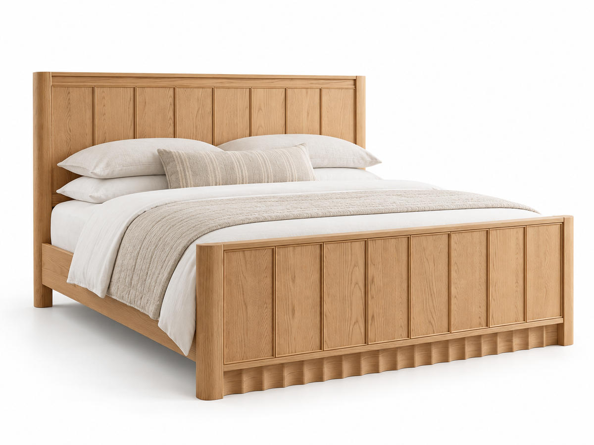 Rendered Orlando Panel Bed in Nordic White Oak — white opposite. Bedding shown for styling.