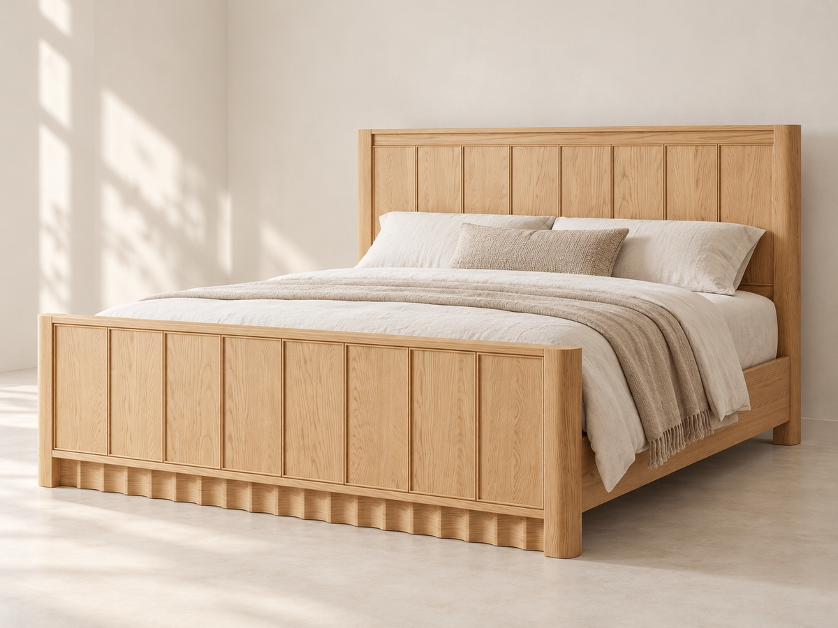 Rendered Orlando Panel Bed in Nordic White Oak — white editorial. Bedding shown for styling.
