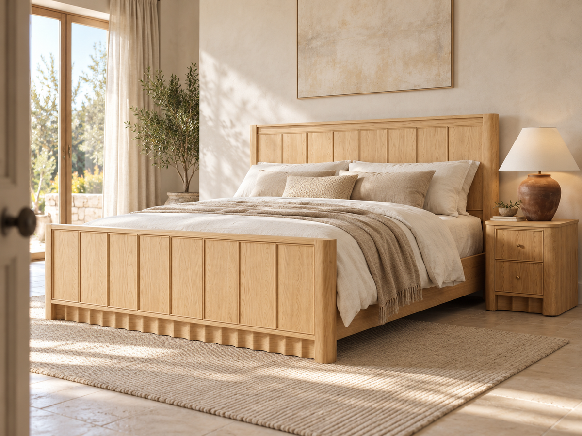 Rendered Orlando Panel Bed in Nordic White Oak — limewash morning. Bedding and decor shown for styling.