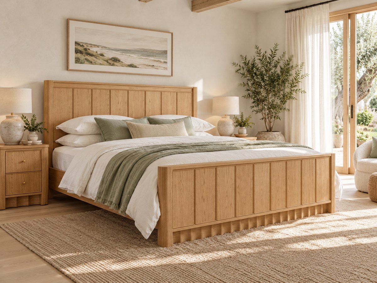 Rendered Orlando Panel Bed in Nordic White Oak — coastal quiet. Bedding and decor shown for styling.