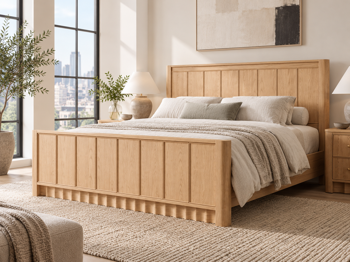 Rendered Orlando Panel Bed in Nordic White Oak — city apartment. Bedding and decor shown for styling.