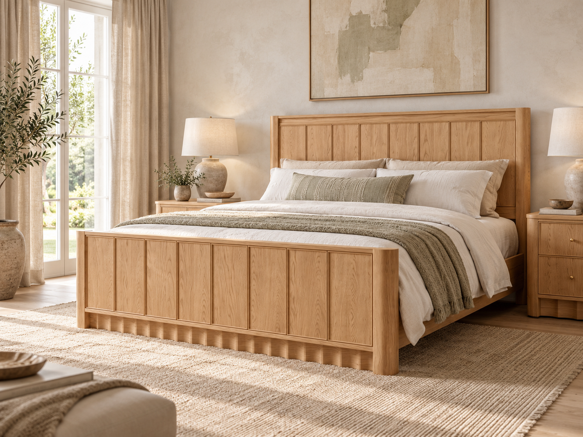 Rendered Orlando Panel Bed in Nordic White Oak — linen retreat. Bedding and decor shown for styling.