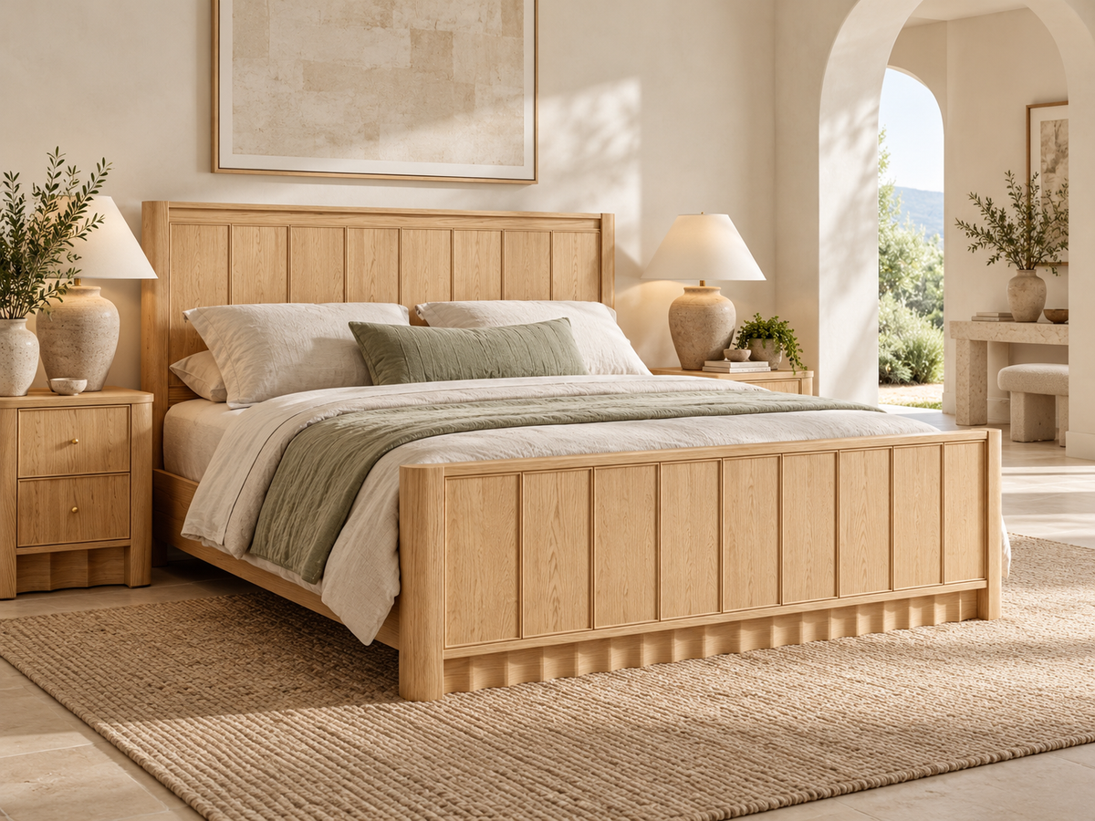 Rendered Orlando Panel Bed in Nordic White Oak — plaster arch. Bedding and room decor shown for styling.