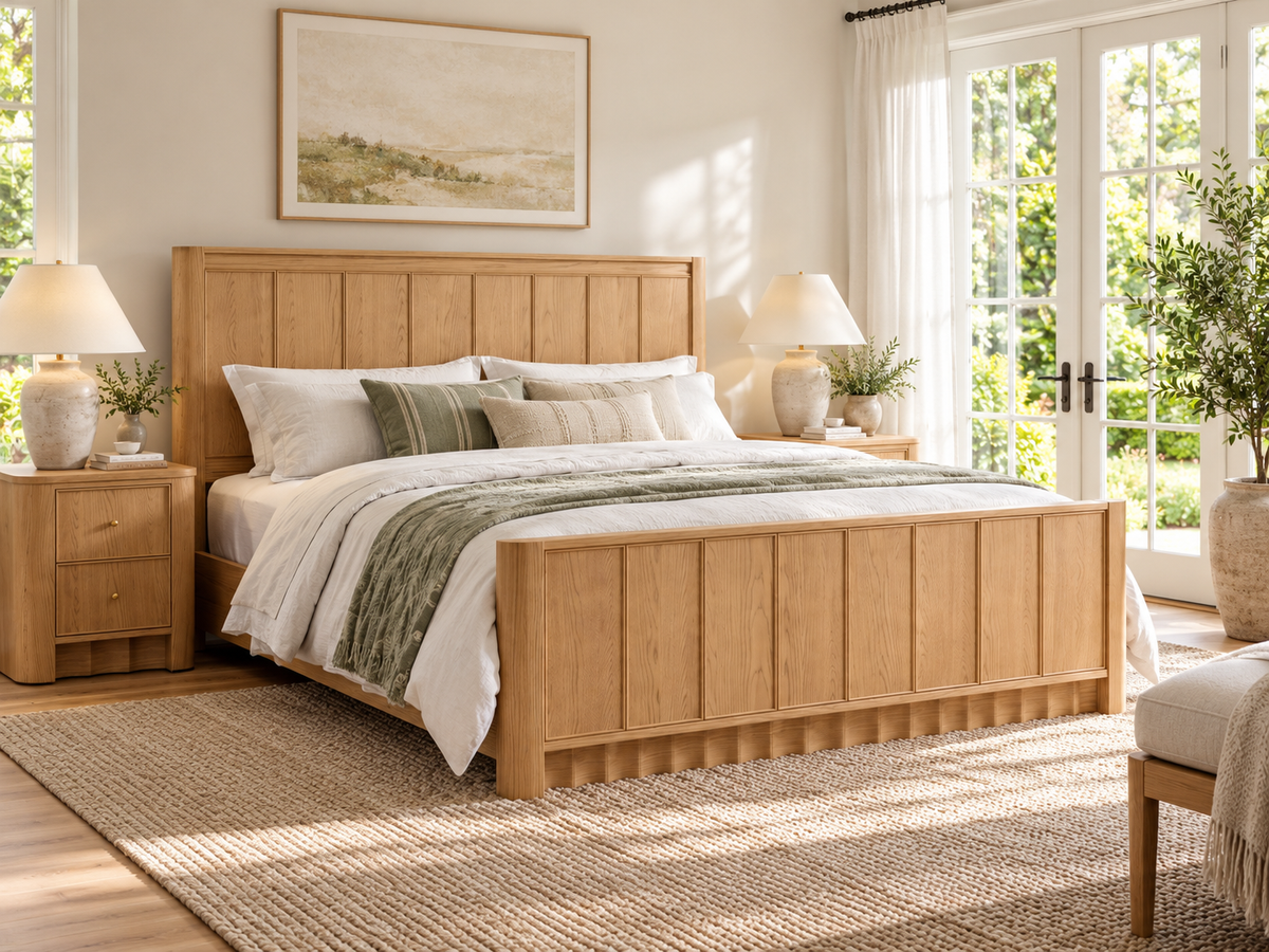 Rendered Orlando Panel Bed in Nordic White Oak — garden suite. Bedding and room decor shown for styling.