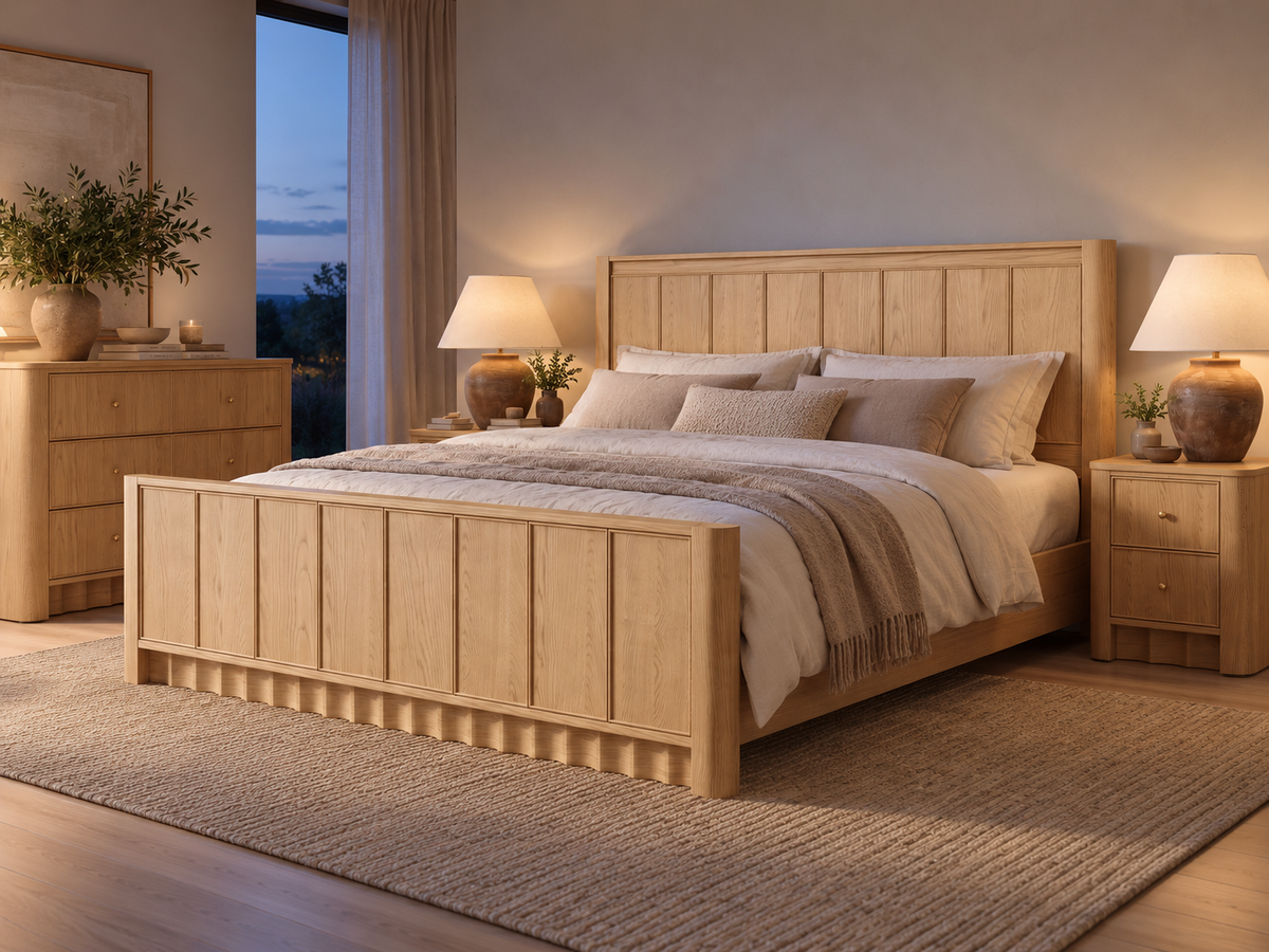 Rendered Orlando Panel Bed in Nordic White Oak — evening soft. Bedding and room decor shown for styling.