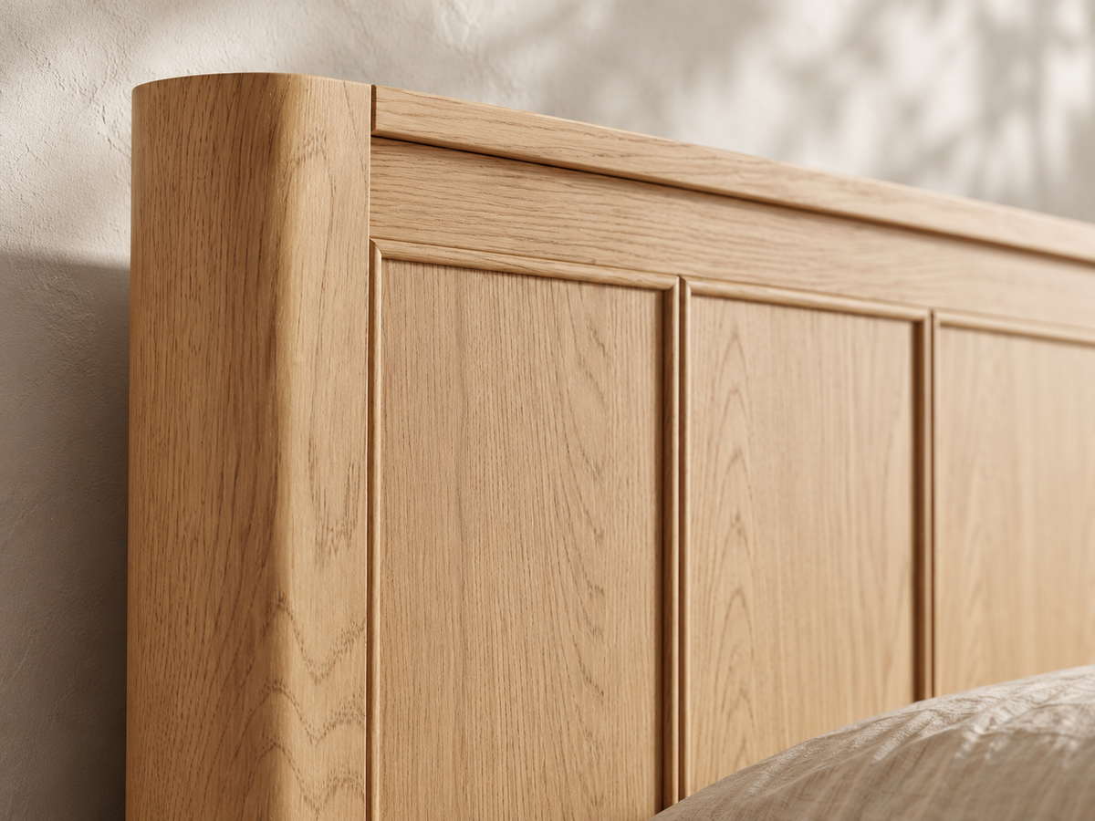 Rendered Orlando Panel Bed in Nordic White Oak — headboard macro. Additional furniture, bedding and decor shown for styling.